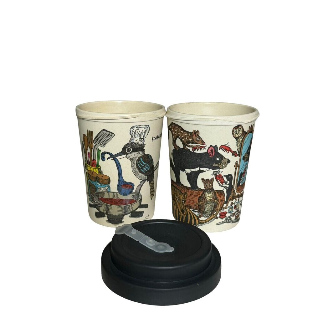 Squidinki Eco-Bamboo Fibre Keep Cups Tasmanian Devil Kookaburra 2 Cups 1 Lid - Picture 1 of 9